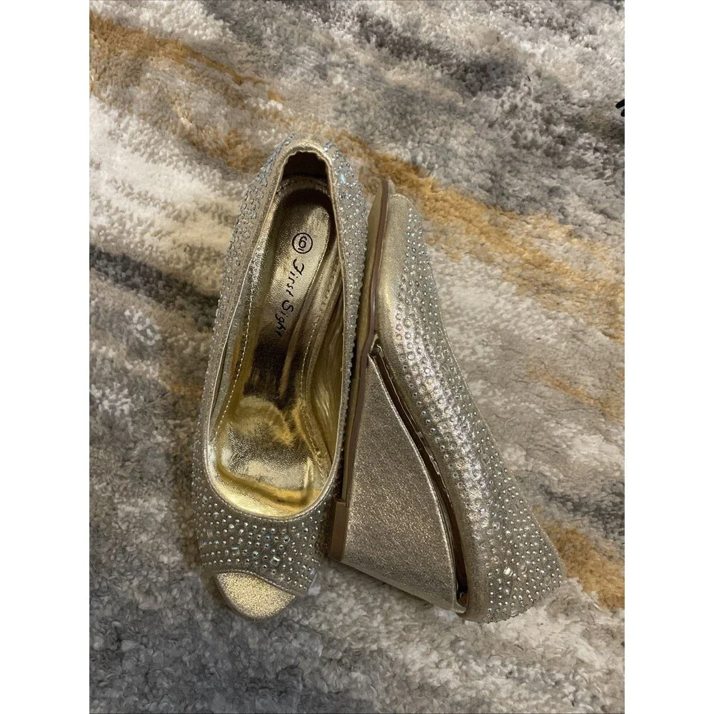 First Sight Gold Rhinestone Wedge Heels Womens 6 Open Toe Party Wedding Shoes